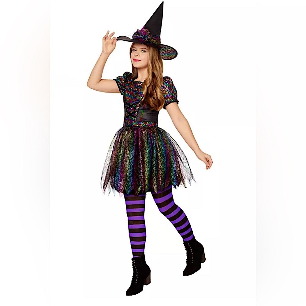 Girls 8/10 dark pretty witch sequin bling sparkling Halloween costume With hat
